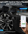 Smart Wifi EV Charger With App Control, Adjustable 8 To 16 Amperes, Quick Timer, Dual Voltage Ready, 25 Feet J1772 Cord showing app features and usage.