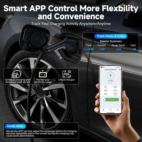 Smart Wifi EV Charger With App Control, Adjustable 8 To 16 Amperes, Quick Timer, Dual Voltage Ready, 25 Feet J1772 Cord showing app features and usage.