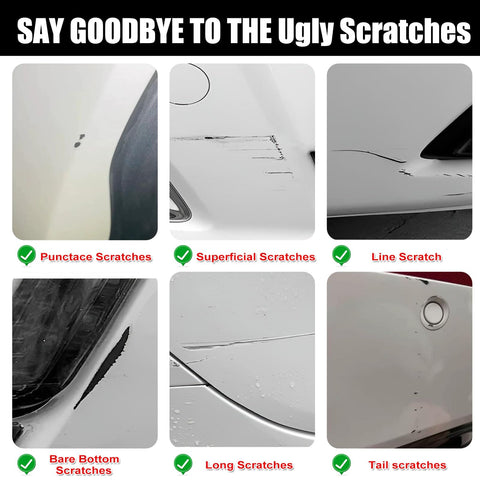 Image showing different types of scratches repaired using Bright White Touch Up Paint PW7 GW7 For Dodge Ram 2 In 1 Scratch Repair Pen Kit