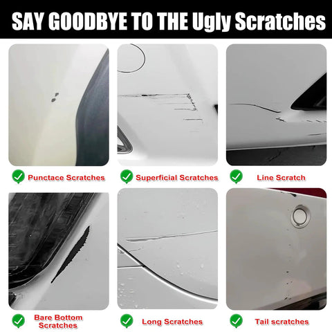 Examples of different car scratches including punctate, superficial, line, bare bottom, long, and tail scratches.