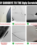 Examples of car scratches on white vehicle surface before using Toyota Ice Cap And Super White 040 Touch Up Paint Kit For Cars 2 In 1.