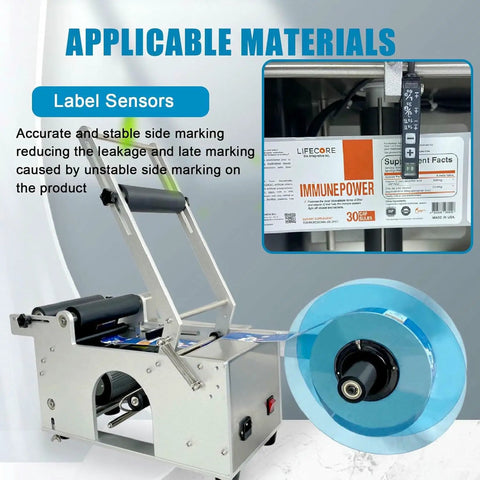 No Fuss Semi Automatic Label Applicator For Round Bottles showing label sensors for accurate side marking.
