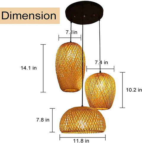 Dimensions of Bamboo Wicker Rattan Three Head Ceiling Light Fixture With E26 And E27 Base Retro Rustic Farmhouse Chandelier
