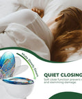 Elongated Resin Toilet Seat for Bathroom with soft close feature and turtle design, shown above a bed.