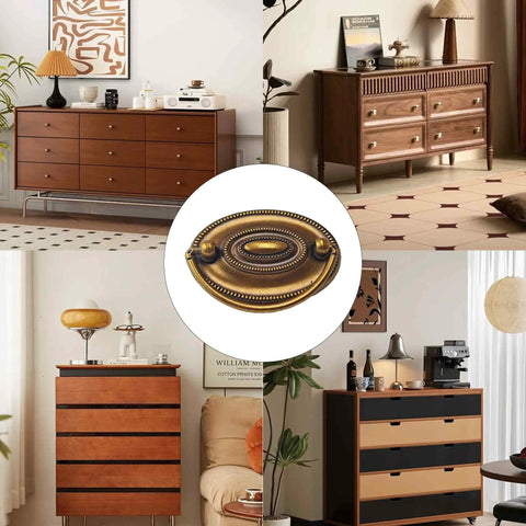 Antique Cabinet Ring Pulls Set Of 2 on modern and vintage dressers, 80x57x20mm, enhancing kitchen cabinets and furniture drawers.