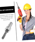 Woman holding drill with All In One Drill Chuck Adapter For Rotary Hammer And Keyless Bit Converter beside her
