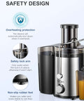 Powerful 800W Centrifugal Juicer With Wide 3 Inch Feed Chute For Fruit And Veg Stainless Steel Body Black Finish BPA Free Easy Clean High Speed Juice Extractor showcasing safety features.