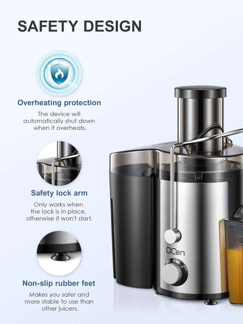 Powerful 800W Centrifugal Juicer With Wide 3 Inch Feed Chute For Fruit And Veg Stainless Steel Body Black Finish BPA Free Easy Clean High Speed Juice Extractor showcasing safety features.