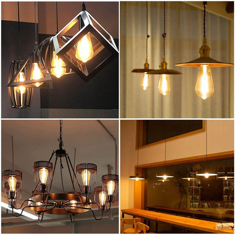 Different fixtures showcasing Low Voltage 12V LED Edison Bulbs 40W Equivalent Amber Glass Vintage Spiral Filament With E26 Base For RV 2700K Warm White 12 Volt Light Bulbs 3 Pack Kit.