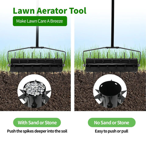 Rolling Lawn Aerator With 18 Inch Roller And 50 Inch Handle Manual Lawn Aerator Tool For Deep Soil Penetration Sturdy Rustproof Metal Frame