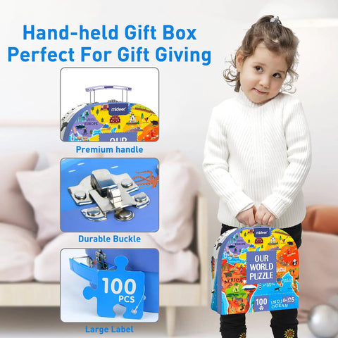 Child holding puzzle box of Hands-On World Map Puzzle For Kids Ages 4-8, 100 Piece Floor Puzzle with continents and landmarks