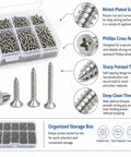Top Shelf M2 Self Tapping Screws 800 Piece Combo Pack Nickel Plated Carbon Steel flat Phillips fasteners organized in storage box.
