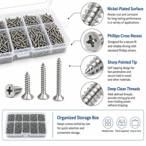 Top Shelf M2 Self Tapping Screws 800 Piece Combo Pack Nickel Plated Carbon Steel flat Phillips fasteners organized in storage box.