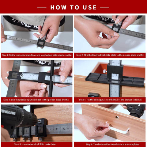 Tutorial showing steps to use the Aluminum Cabinet Hardware Jig Kit For Fast Precise Door Handle And Drawer Front Knob Installing Including Automatic Center Punch And Four Drill Bits For Quick Pro Grade Mounts.