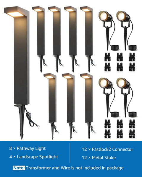 Low Voltage Landscape Lighting Kit With 8 Path Lights And 4 Spotlights 3000K Outdoor Waterproof Pathway And Garden Lights