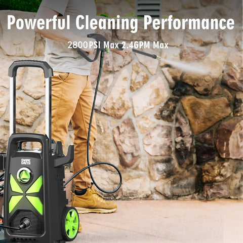Person using Electric Pressure Washer 2800 Max PSI 2.4 GPM with Telescopic Handle to clean stone wall