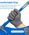 4 Piece Pry Bar Set With 12 Inch Cat's Paw Nail Puller, 10 Inch And 7.5 Inch Flat Pry Bars, 8 Inch End Cutting Pliers, Nail Removal And Scraping Tool Kit For Baseboards, Flooring, Lifting, And Prying, Includes Gloves For DIYers, gloved hand holding blue pry bar