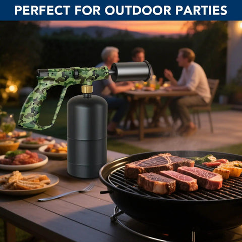 Propane Kitchen Torch Head With Adjustable Flame For Cooking, BBQ, Sous Vide, And Steak Searing beside a grill