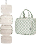Must Have Hanging Toiletry Bag For Women Travel Organizer With Checkered Green Design, medium, with compartments and mesh pockets