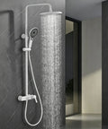 Exposed Shower System with Waterfall Tub Spout Rainfall Shower Set White, wall-mounted installation, with curved rainfall showerhead.