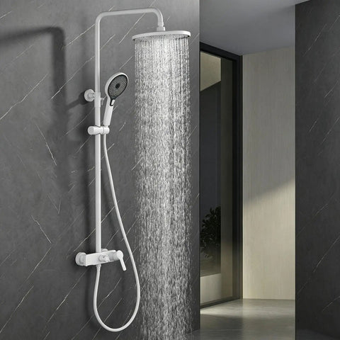 Exposed Shower System with Waterfall Tub Spout Rainfall Shower Set White, wall-mounted installation, with curved rainfall showerhead.