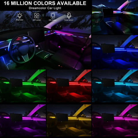 Acrylic Interior Car LED Strip Lights Kit RGB 6 In 1 With Wireless App Control in various colors inside car