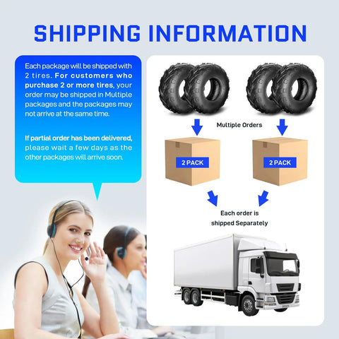 Shipping information with Go Kart Tires 145/70-6 4 Ply Tubeless Directional Tread For Sand Mud Trail Replacement Set Pack Of 2