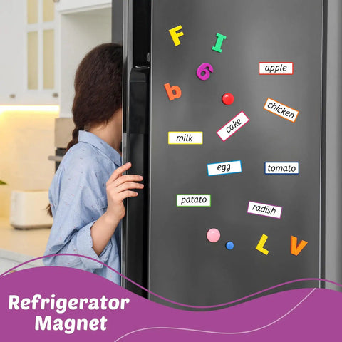 Child using 180 Piece Magnetic Dry Erase Labels Kit With Reusable Magnetic Name Tags Colorful Border Frames on fridge