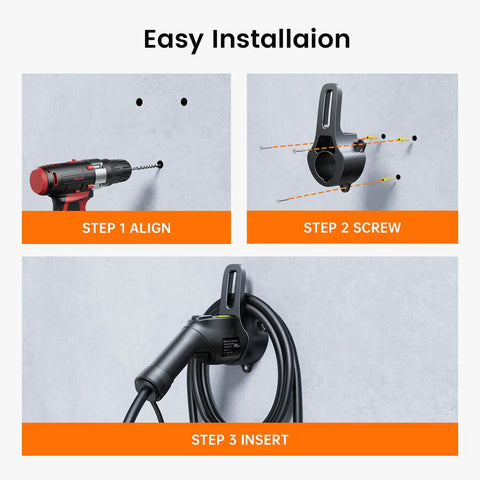 Wall Mount EV Fast Charger Holder And Cable Stow Bracket Heavy Duty Sae J1772 Charging Dock installation steps on wall.