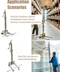 Handy Portable Mobile Lifting Stacker With Winch Tool For Cabinet Installation And Heavy Load Support Up To 176Lbs shown in use for handling cabinets and warehouse materials.