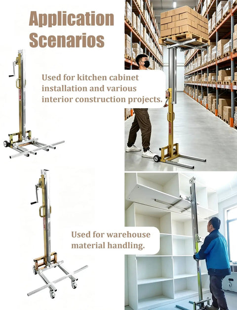 Handy Portable Mobile Lifting Stacker With Winch Tool For Cabinet Installation And Heavy Load Support Up To 176Lbs shown in use for handling cabinets and warehouse materials.