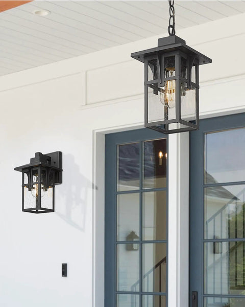 Outdoor Porch Pendant Light With Seeded Glass Shade In Matte Black Farmhouse Exterior Hanging Lantern For Gazebo Built Tough Weatherproof ETL Listed Rust Resistant Adjustable Chain Large HX1H BK hanging on porch