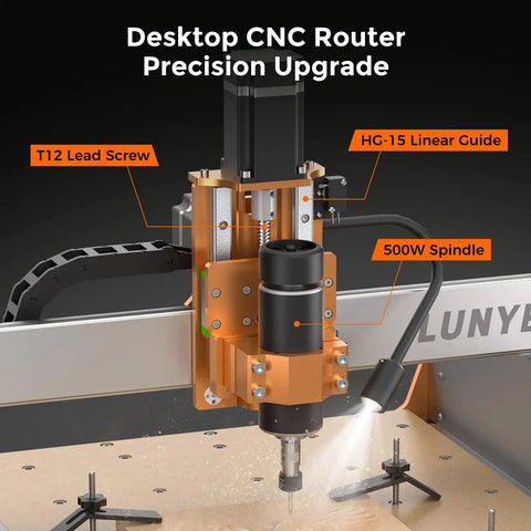 4040 Pro Max CNC Router Machine for makers with 500W spindle, close-up on the T12 lead screw and HG-15 linear guide.