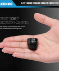 Hand holding 18mm Cr-Mo steel socket from Low Profile Nano Impact Socket Set For 3/8 Inch Drive Metric Tools 6mm Through 19mm Cr-Mo Steel 6 Point Stubby Sockets Durable Black Phosphate Finish For Tight Spaces