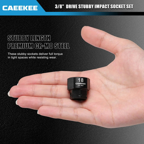 Hand holding 18mm Cr-Mo steel socket from Low Profile Nano Impact Socket Set For 3/8 Inch Drive Metric Tools 6mm Through 19mm Cr-Mo Steel 6 Point Stubby Sockets Durable Black Phosphate Finish For Tight Spaces