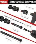 Diagram showing assembly of Three Eighths Inch Drive Universal Impact Socket Set, 19 Pieces CR-MO Beefy Swivel Wobble Sockets Metric 8-22mm.