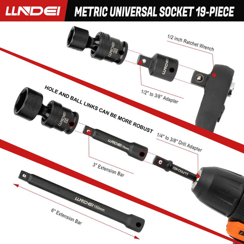 Diagram showing assembly of Three Eighths Inch Drive Universal Impact Socket Set, 19 Pieces CR-MO Beefy Swivel Wobble Sockets Metric 8-22mm.