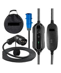 Portable Type 2 Electric Vehicle Charger With Bright Digital Monitor Featuring adapter, cable, and carrying bag for easy use.