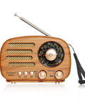 Retro Portable Bluetooth Speaker Radio With FM AM SW Bands, adjustable antenna, wood finish, rechargeable battery visible