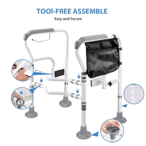 Heavy Duty Freestanding Toilet Safety Rail For Seniors And Disabled Adjustable Height And Width Sturdy Carbon Steel Frame With Wide Arms