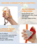 Alloy forged steel hook and aluminum alloy rope grabber showcased, designed for use with Top Rated 10ft Steel Wire Core Flipline And 3300 Lbs Arborist Positioning Lanyard Kit Featuring Cut Resistant Galvanized Aircraft Cable For Heavy Duty Tree Work And Pro Rig Built Tough For Daily Grind.