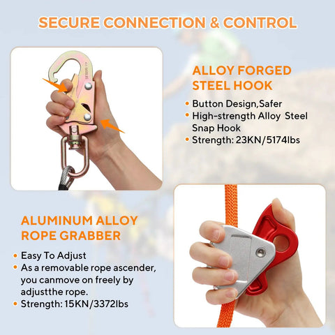 Alloy forged steel hook and aluminum alloy rope grabber showcased, designed for use with Top Rated 10ft Steel Wire Core Flipline And 3300 Lbs Arborist Positioning Lanyard Kit Featuring Cut Resistant Galvanized Aircraft Cable For Heavy Duty Tree Work And Pro Rig Built Tough For Daily Grind.