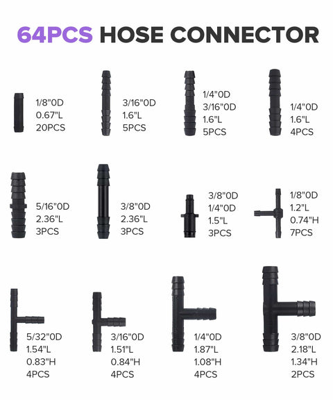 Various sizes of hose connectors from Six Piece 5 Foot Silicone Vacuum Hose Kit With 64 Connectors For Cars And Boats Piping System
