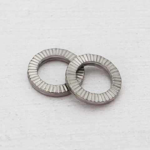 Heavy Duty M8 Wedge Locking Washers Set Of Twenty Double Stack Manganese Steel Hardware For Bolts And Nuts dampens vibration in silver.