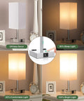 Set Of Two Touch Nightstand Lamps With USB C And USB A Ports AC Outlets Three Way Dimmable Bedside Lamps With White Fabric Shade Perfect For Bedroom Or Guest Room Bulb Included showing dimming options.