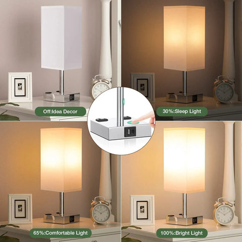 Set Of Two Touch Nightstand Lamps With USB C And USB A Ports AC Outlets Three Way Dimmable Bedside Lamps With White Fabric Shade Perfect For Bedroom Or Guest Room Bulb Included showing dimming options.