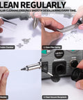 Cleaning components of High Power 110W Desoldering Station With ESD Safe Build, showing solder chamber, filter spring, nozzles, and vacuum receptacle.