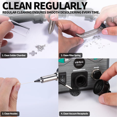 Cleaning components of High Power 110W Desoldering Station With ESD Safe Build, showing solder chamber, filter spring, nozzles, and vacuum receptacle.