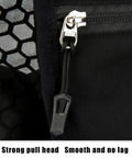 Close-up of zipper on hydration running backpack with water reservoir vest lightweight pouch pack for runners waterproof storage outdoor gear.