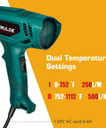 Dual Temp Heat Gun Kit With 752F To 1112F Hot Air Beast For Crafts 4 Nozzles Shrink Wrap Tubing Paint Removal Lightweight Safe With Stand And Overheat Protection, showing temperature settings and fan speed on a teal heat gun.
